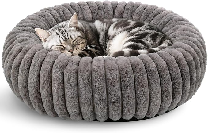 Cat Bed for Indoor Cats, 20 inch Calming Cat Bed with Ultra Soft Plush, Machine Washable Round Anti-Anxiety Pet Bed for Kittens & Small Dogs, Grey