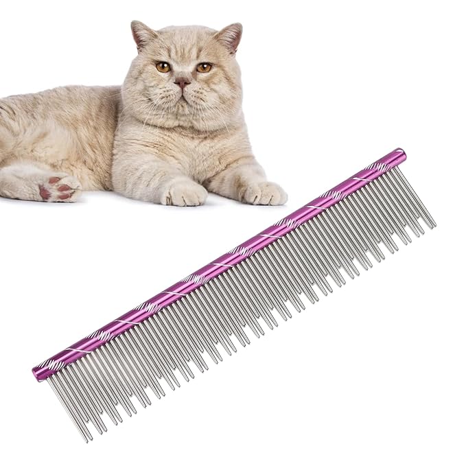 Pet Hair Removal Comb, Stainless Steel Cat Grooming Tool with Dual - Density Teeth, Open Knot Comb for Long and Short Haired Cats, Ergonomic Non - Slip Handle (Violet)