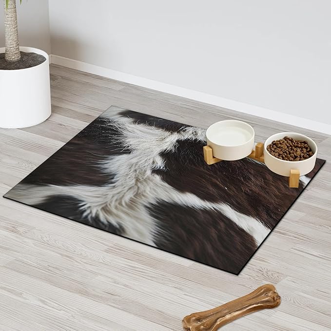 Cow Skin Dog Food Mat for Floors Absorbent Dog Bowl Mat for Food and Water Dispenser Quick Dry Cat Food Placemat Pet Supplies 12" x 20", Brown White Fur