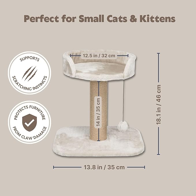 Trixie Mica Cat Scratching Post 18.1 Inch - Cat Scratcher with Soft Fabric Covering Base and Durable Sisal Rope - with Padded Platform & Dangling Cat Toy - in Greige