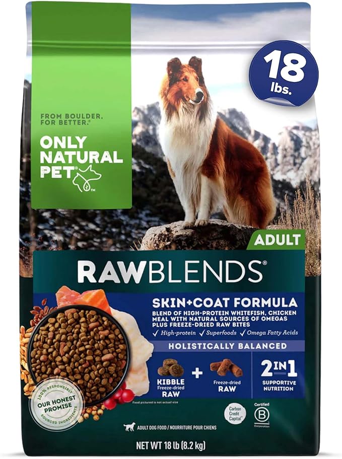 Only Natural Pet Raw Blends Skin & Coat Formula - Holistic Dog Food for Adult, High-Protein Ancient Grains Kibble & Freeze-Dried Raw Superfood Bites for Full Body Wellness with Omega-3-18 lbs