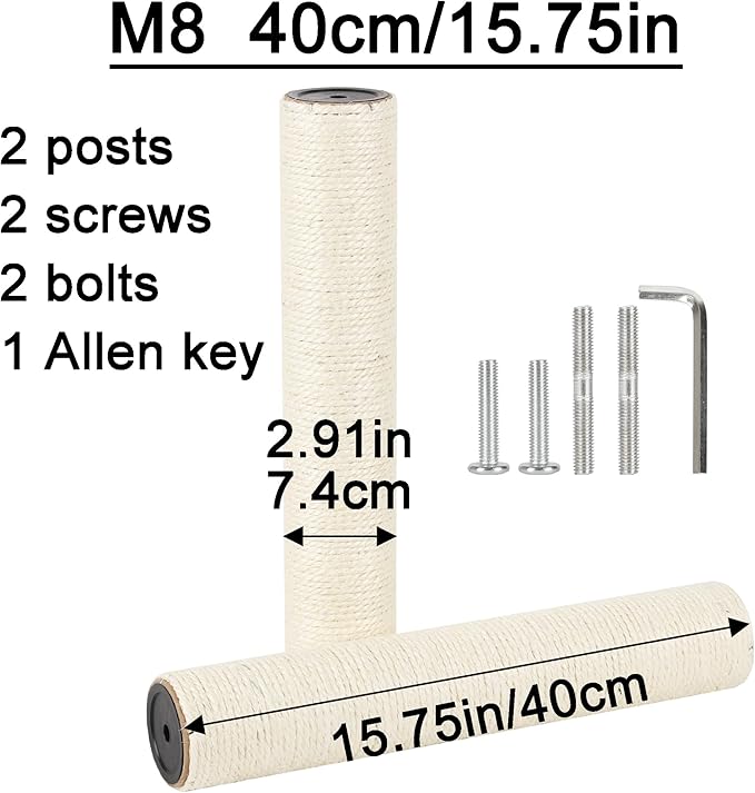 7.4cm 2.91in Diameter Cat Tree Scratching Post Replacement Sisal Pole Parts for Cat Tower (M8, 15.75in/40cm)