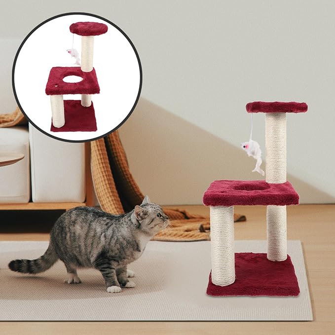 Homoyoyo Multi-Layer Sisal Cat Scratching Post with Mouse Three-Tier Indoor Climbing Tower for Cats Burgundy Sturdy Furniture for Comfortable Kitten Play and Claw Maintenance