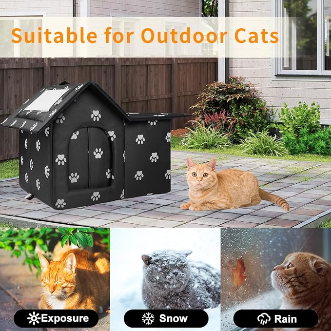 Large Outdoor Cat House Weatherproof, Houses for Outdoor Cats Feral, Collapsible Outside Cat House with Windproof Door, DIY Cardboard and Soft Mat, Insulated Stable Stray Cats Shelter in Winter