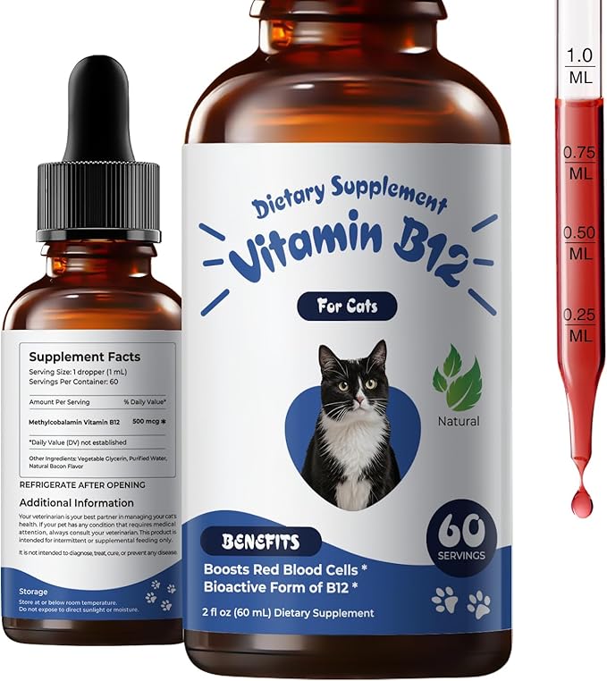 Appetite Stimulant for Cats, Liquid Vitamin B12 Drops, Methylcobalamin Supplement, Boosts Appetite, Energy, Mood, Recovery and Red Blood Cell Formation, Cat Vitamins - 2 fl oz (60ml)