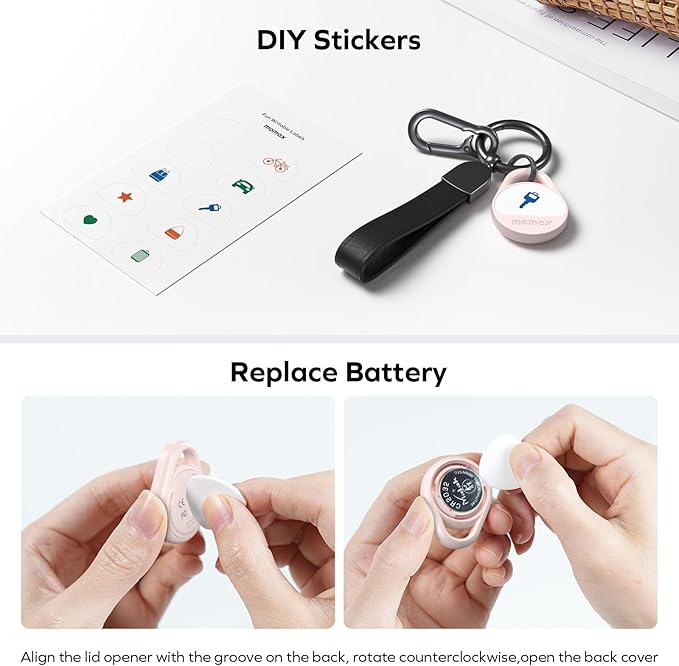 Momax Key Finder Tracker Tag - [Apple MFi Certified] Smart Bluetooth Tracking Device with Find My (iOS Only), Replaceable Battery, DIY Stickers, for Wallets, Luggage, Suitcases, Backpacks, Pink