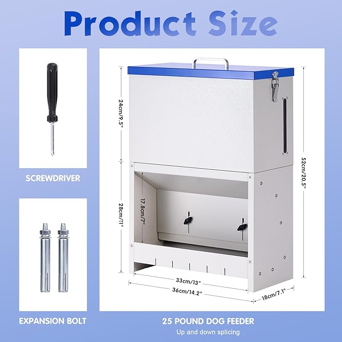 Galvanized Metal Pet Food Station for Indoor & Outdoor Use, Large Capacity Automatic Gravity Feed Dispenser Suitable for Small, Medium, and Large Dog Breeds (Blue)