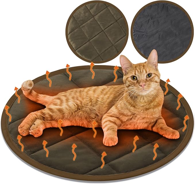 2 Pcs Self Warming Cat Mat Round Self Heating Pad Bed Reversible Machine Washable Heated Bed Anti Slip Warming Pad Pet Mat for Cat Crate Indoor Outdoor(Coffee,16 Inch)