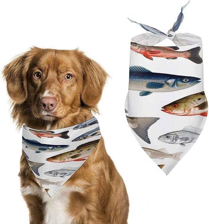 Dog Bandana Spring Pet Scarf Adjustable Triangle Different Fish Printing Dog Bib Washable Polyester Puppy Bandana for Small Medium Large Dogs Cat Birthday Party Supplies