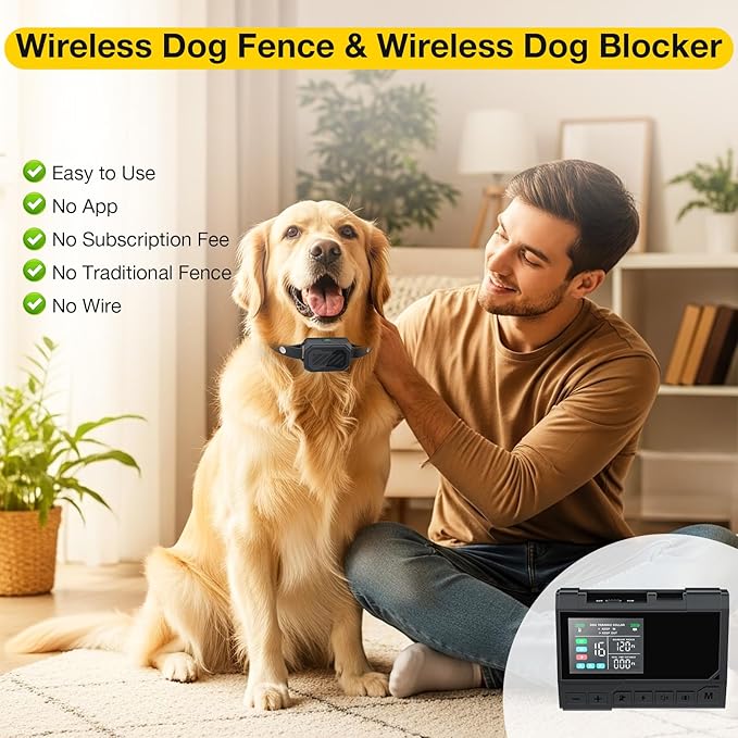 AOZOOM 3-in-1 Wireless Dog Fence System-Training, Safe Zone & Blocker Modes,Waterproof Dog Collar, Dog Electric Fence Wide Remote Range Indoor Outdoor