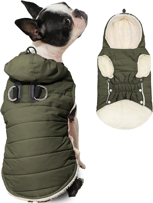 Fleece Lining Dog Hoodie with Harness Built in,Extra Warm Large Dog Jacket in Winter Doggie Coats with Drawstring Hooded,Green XXL