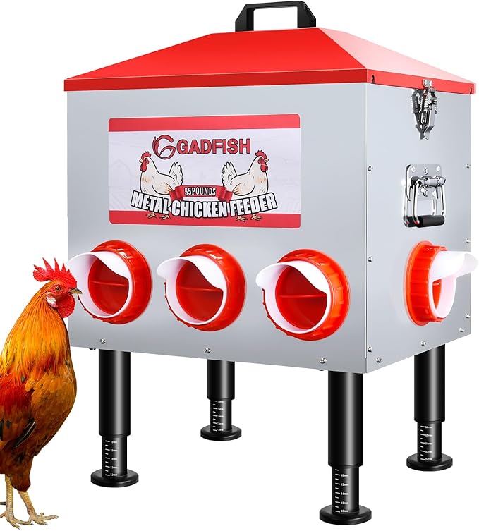 GADFISH 55 lbs–65 lbs Large Capacity Automatic Chicken Feeder - 8 Feeding Ports, No Waste Chicken Feeder, Height-Adjustable Legs & Secure Locking Lid for Chickens, Ducks & Poultry