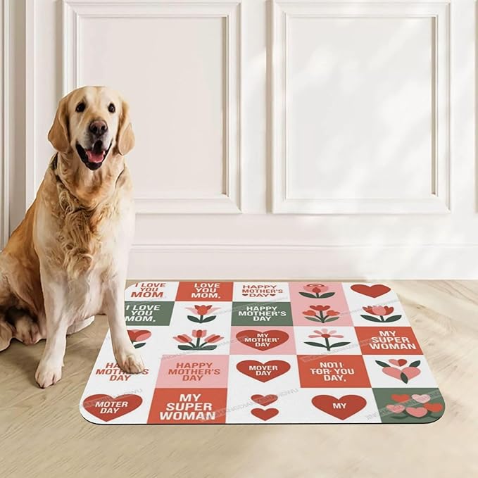 Pet Cat Dog Food Mat Absorbent Dog Feeding Mat Happy Mother's Day Floral Gift Mom IP No Stains Cat Food Mats Indoor Pet Accessories Supplies Dogs Placemat Water Bowl Mats with Rubber Backing 18X12In