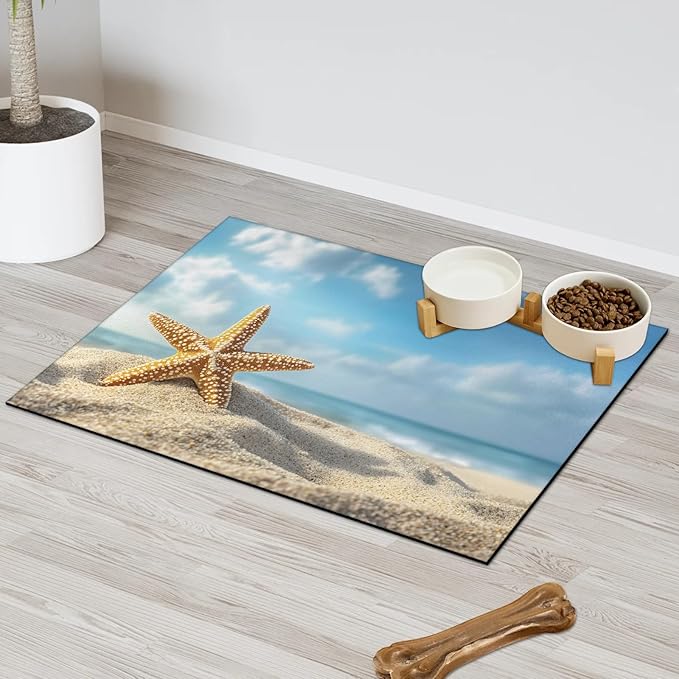 Starfish Dog Food Mat for Floors Absorbent Dog Bowl Mat for Food and Water Dispenser Quick Dry Cat Food Placemat Pet Supplies 12" x 20", Summer Beach