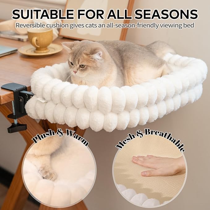 CHEERPALS Cat Desk Bed with Reversible Cushion, 90°Foldable Cat Hammock for Desk Mounted, Suitable for Medium-to-Large Cats and Puppy, Clowd Series(White, Medium)