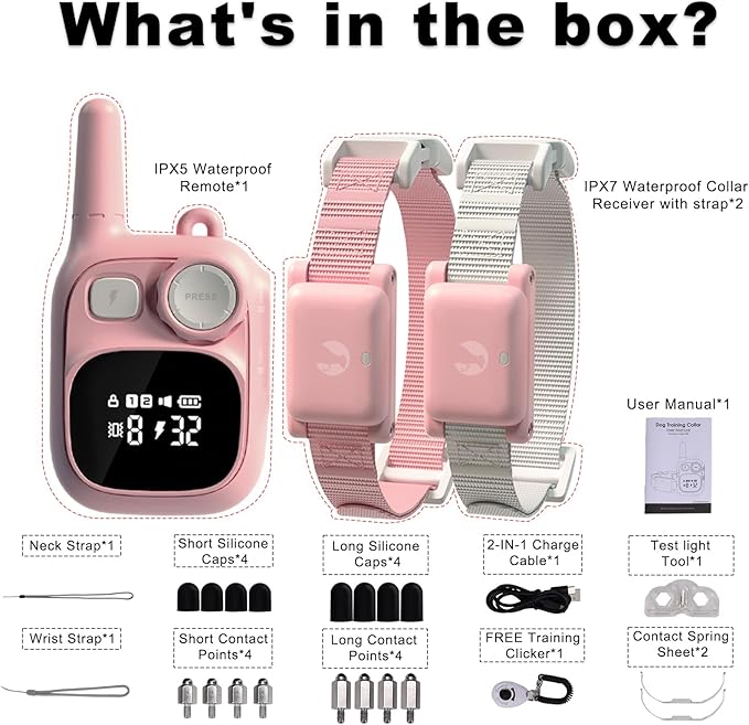 Training Collar Dogs, 1 Remote 1800FT Control 2 Collars, Cat Shock Collars Rechargeable, Pink Electric Collar for 5-120 lbs Small Medium Large Breed Dogs, Adjustable, Waterproof, Vibration