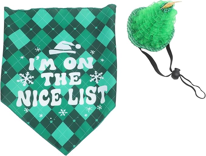 DOITOOL Pet Christmas Hat and Puppy Bandana Set Soft Adjustable Emerald Check Triangle Scarf Holiday Pet Supplies for Dogs and Cats Decoration