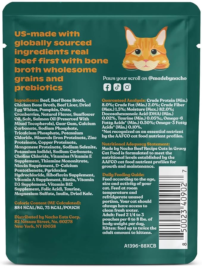 Made by Nacho Wet Cat Food, Cuts in Gravy, Limited Ingredients, Grass-Fed Grain Finished Beef Recipe with Bone Broth for Extra Hydration, (12) 3 oz. Pouches