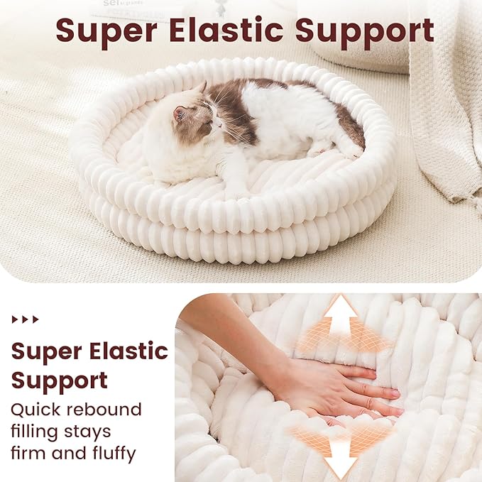 Donut Pet Bed for Cats & Small Dogs, Fluffy Warm Round Bed, Machine Washable with Anti-Slip Bottom, Indoor Use, White, 28"x28"x5"