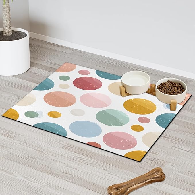 Polka Dot Dog Food Mat for Floors Absorbent Dog Bowl Mat for Food and Water Dispenser Quick Dry Cat Food Placemat Pet Supplies 16" x 24", Colorful Circle