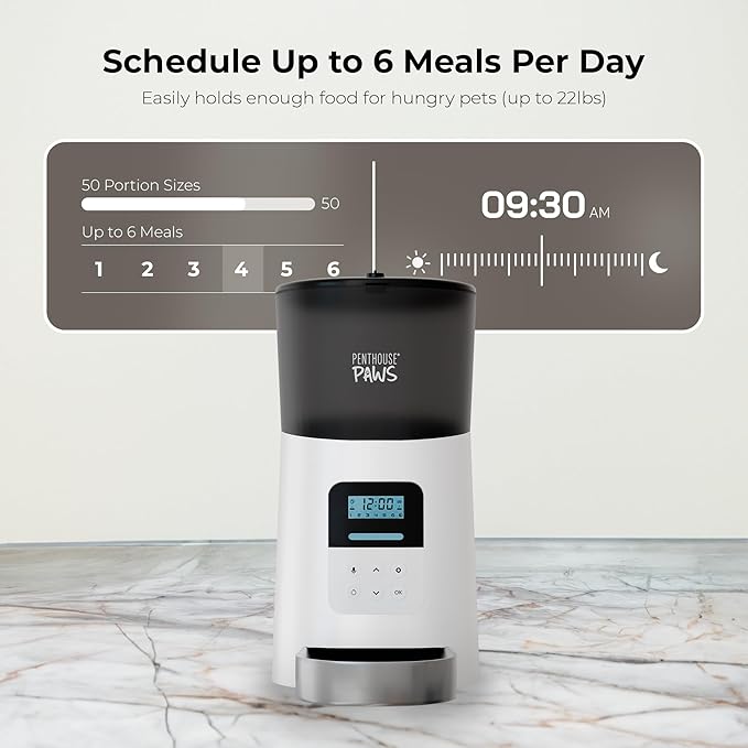 Penthouse Paws Automatic Cat Feeder 6L, Programmable Dry Food Dispenser with LCD Screen, Stainless Steel Bowl, Anti-Jam Design, Voice Recording, Battery Backup, Up to 15 Meals for Cat & Dog, White