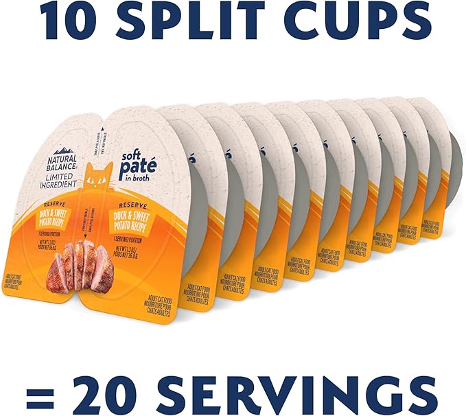 Natural Balance Limited Ingredient Reserve Split Cup Duck & Sweet Potato Soft Pate Wet Cat Food Recipe for Sensitive Stomachs and for Healthy Digestion, 2.6 oz. (Pack of 10)