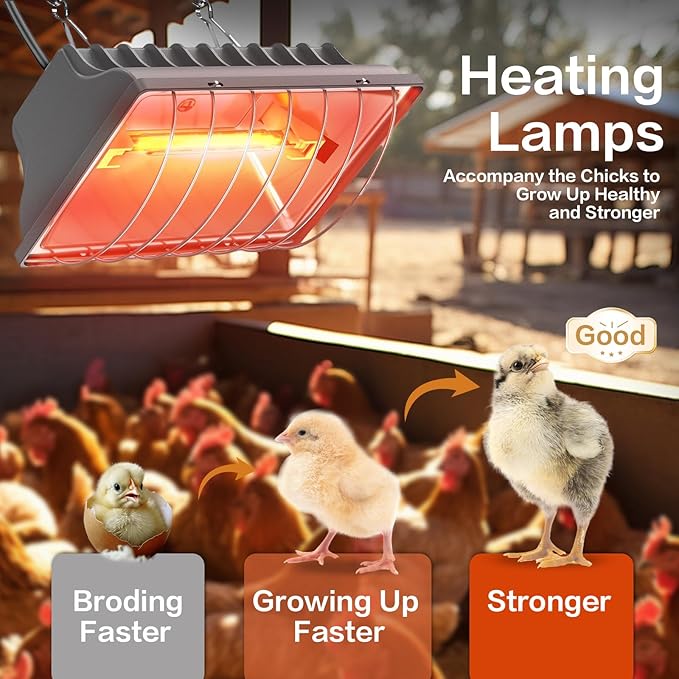 250W Chicken Coop Heater for Chicks Ducks Dog Kennel, Cat Bed, Reptiles, 2 Heating Mode Heat Lamp Warmer for Chicken Coop in Winter, Inside and Outdoor Pet Total 2 Heating Tube as Backup Lamp