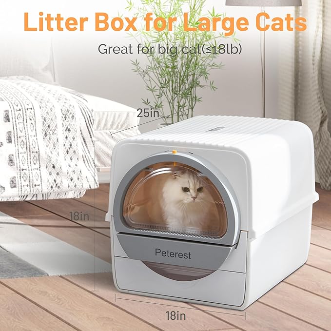 Large Self Cleaning Cat Litter Box for Multiple Cats, Semi Auto Kitty Litter Box with Lid, NoSmell Pull and Scoop Self Cleaning, White & Grey
