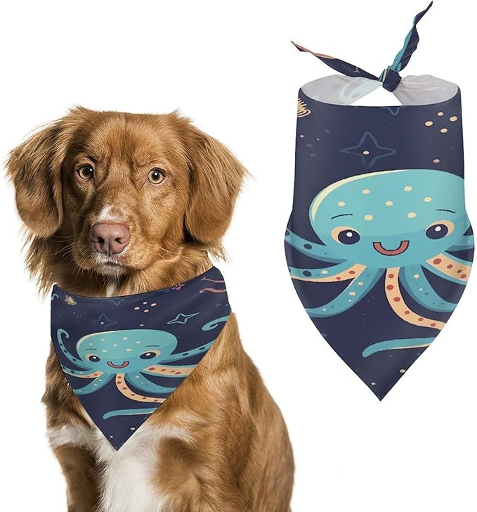 Dog Bandana Spring Pet Scarf Adjustable Triangle Cartoon Octopus Printing Dog Bib Washable Polyester Puppy Bandana for Small Medium Large Dogs Cat Birthday Party Supplies