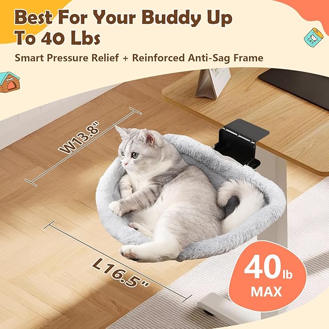 Stable Cat Desk Bed with Heavy-Duty Clamp | Sunken Hammock Design & Faux Rabbit Fur for Comfort, Removable & Washable Bed, Holds Up to 40lbs, Space Saving Cat Perch for Home Office