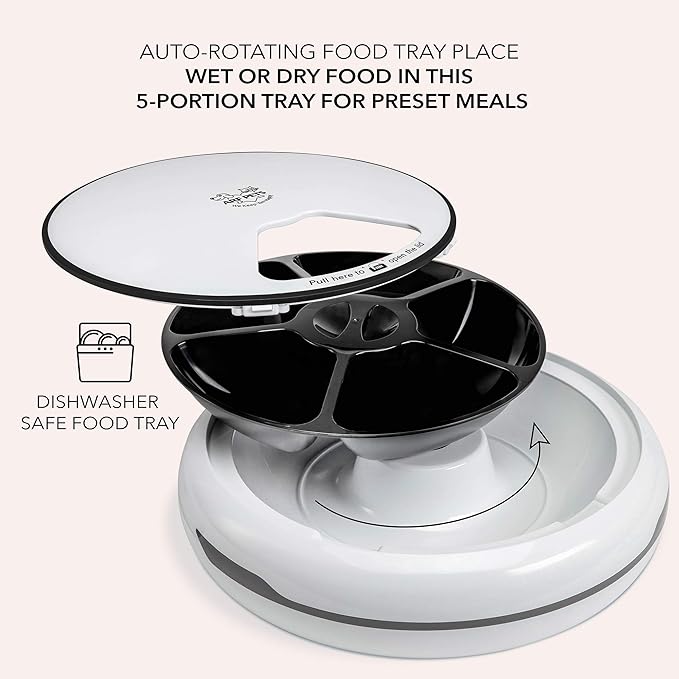 Arf Pets Automatic Pet Feeder, 5 Meal Food Dispenser for Dogs, Cats & Small Animals w/Programmable Timer, Dishwasher-Safe Tray Feeds Wet or Dry Food - (Serves 4 Meals Per Day) Adopter Included