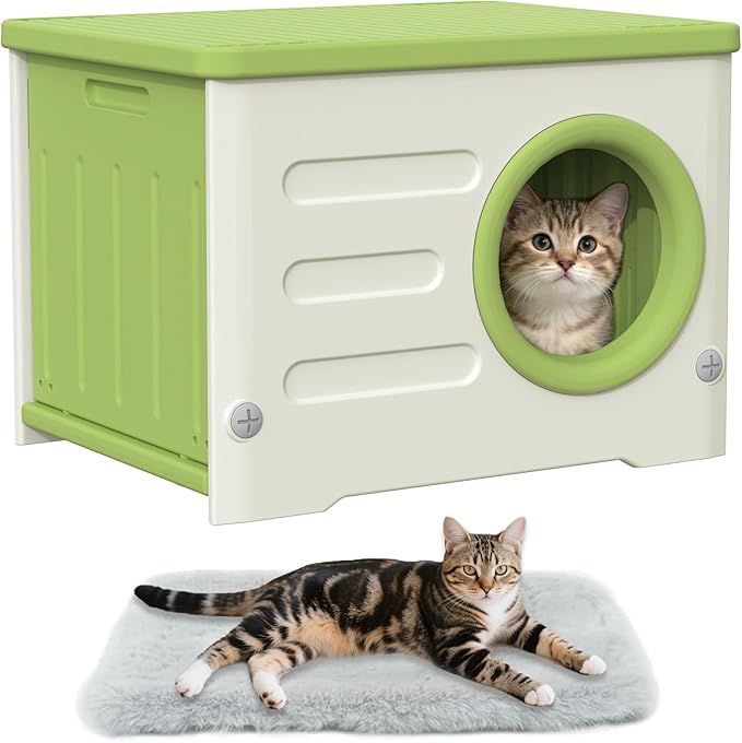 Outdoor Cat House-Weatherproof Heavy-Duty & Sturdy Feral Cat Shelter, Insulated Elevated Stackable Plastic Cave for Outdoor/Indoor Use with Cushion (Green)