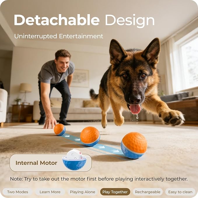 Apasiri Interactive Dog Toys (3.74 in Diameter): Duraspin Dog Ball with LED Lights, Automatic Moving Dog Toys for Aggressive Chewers, Dog Toys for Large Dogs, Vibrating Dog Toy Balls for Small, Medium