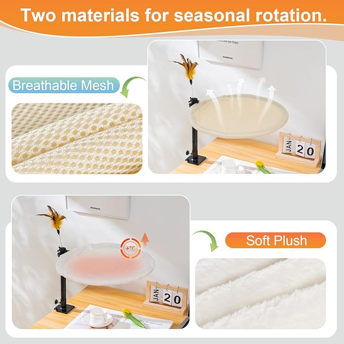 Uross Cat Desk Bed - Adjustable Height & 360 Rotation Cat Desk Perch Mount for Office and Game Tables, Attachment Desktop Bed with 2 Washable Covers, Soft Rabbit Fur& Breathable Mesh -Beige
