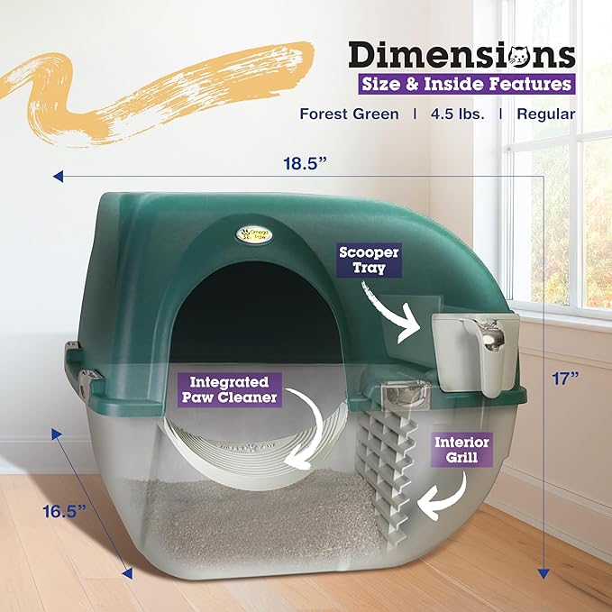 Omega Paw Premium Roll 'N Clean Self Cleaning Litter Box with Integrated Litter Step and Unique Sifting Grill, Regular Size, Forest Green