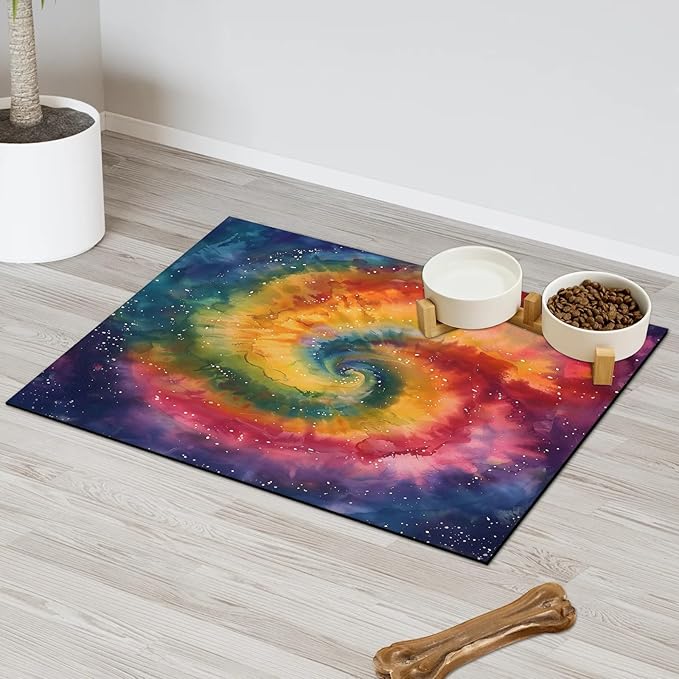 Boho Tie Dye Dog Food Mat for Floors Absorbent, Quick Dry Water Dispenser Mat for Food, Water, Pet Supplies 12" x 20", Rainbow
