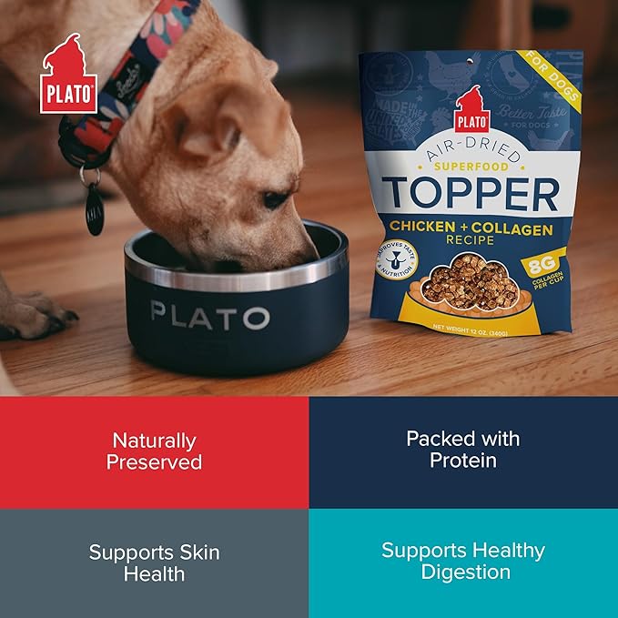 Plato Pet Treats Dog Food Toppers - Air-Dried Dog Food Toppers for Dry Food - with Collagen to Support Skin and Coat Health - Chicken and Collagen Recipe 12oz