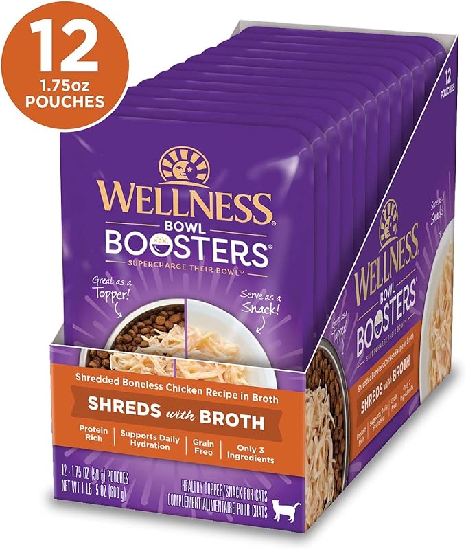 Wellness Bowl Boosters Wet Cat Food Topper, Grain Free, Natural, Shredded Chicken Recipe in Broth, 1.75 Ounce Pouch (Pack of 12)