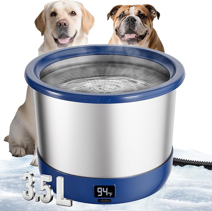 3.5L Heated Water Bowl, Stainless Steel Heated Dog Bowl with Digital Display and Adjustable Temperature, Heated Outdoor Pet Water Bowl Provides Warm Water for Dogs