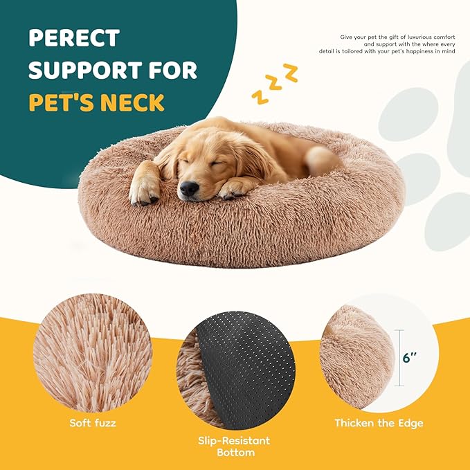 NEWBULIG 30.7x30.7 Inch Dog Bed Large Sized Dog, Donut Shape Cat Beds for Indoor Cats with Washable, Anti-Slip, Faux Fur