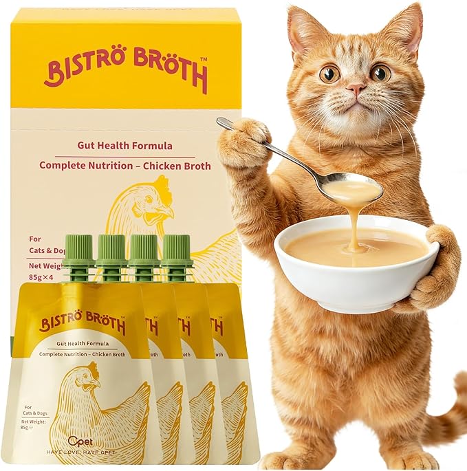 OPET Cat Broth - Premium Wet Food Topper for Dogs & Cats, Super Hydrating, Limited Ingredient Recipe, Gentle on Sensitive Stomachs, Lickable Cat Broth Pouches, 3 oz (Pack of 4, Chicken)
