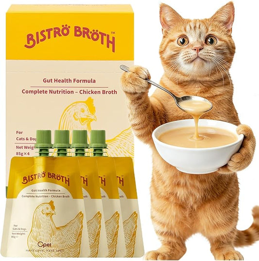 OPET Cat Broth - Premium Wet Food Topper for Dogs & Cats, Super Hydrating, Limited Ingredient Recipe, Gentle on Sensitive Stomachs, Lickable Cat Broth Pouches, 3 oz (Pack of 4, Chicken)