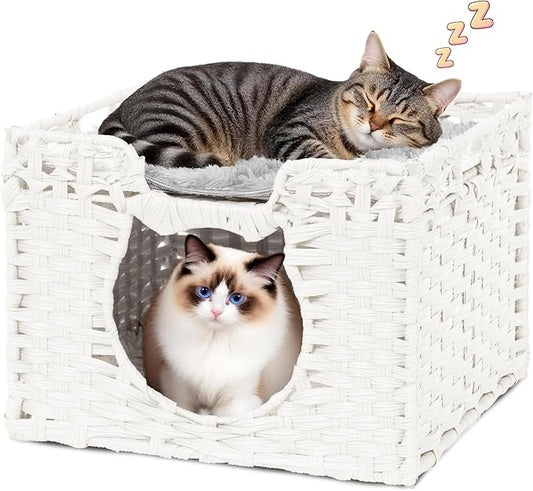 Handwoven Rattan Cat Cave w/Two Cushions, Cat Beds Indoor Kitten House, Waterproof & Foldable Pet Cube Bed, White, 16.5”L x 16.5”W x 12.6”H