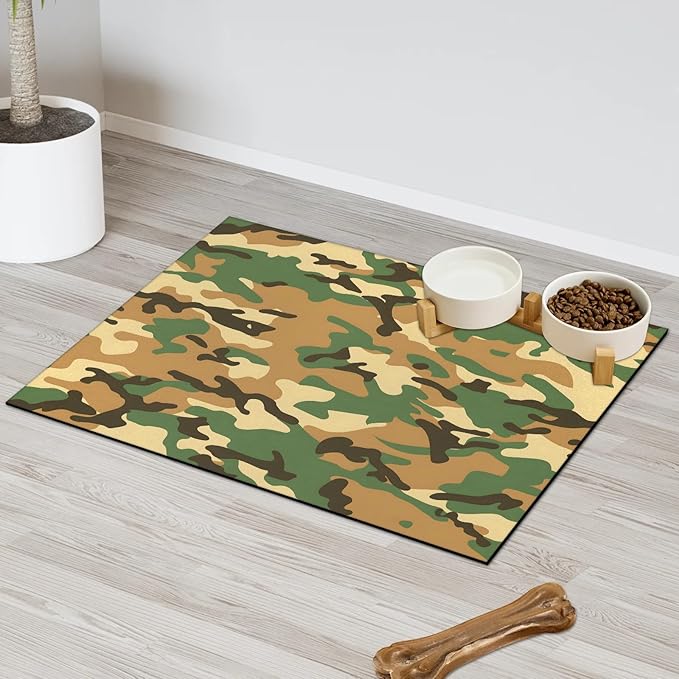 Camouflage Dog Food Mat for Floors Absorbent Dog Bowl Mat for Food and Water Dispenser Quick Dry Cat Food Placemat Pet Supplies 24" x 32", Brown Green Camo