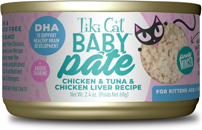 Tiki Cat Baby Pate Wet Cat Food for Kittens, Chicken, Tuna & Chicken Liver, 2.4 oz. Can (12 Count)