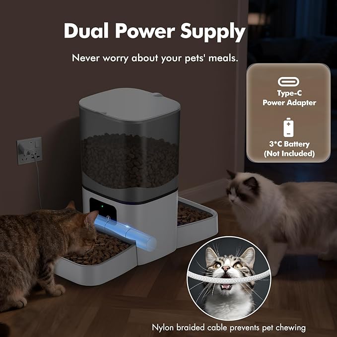 Automatic Cat Feeder 2 Cats, 6L Automatic Cat Food Dispenser with 2 Stainless Steel Bowls, Timed Dry Food Dispenser with APP Control for Cats and Dogs, Dual Power Supply, 10s Voice Recorder
