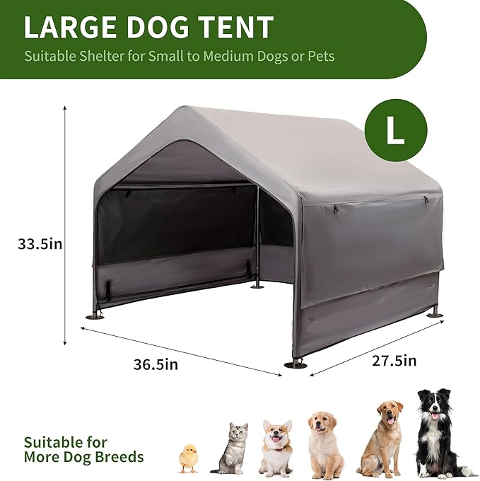 Summertrail Dog House Outside, Dog Tent Outdoor, Dog Shade Shelter Doghouse Canopy with Three-Sided Breathable Mesh Windows, Gray Sun Rain Cover for Pet Cat Livestock（Medium Size）
