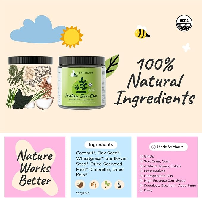 kin+kind Skin and Coat Supplement for Dogs & Cats – Natural Vitamin Supplements with Organic Ingredients for Shiny Fur, Moisturized Skin & Overall Pet Wellness – Dog Essentials & Cat Essentials 3x8 oz