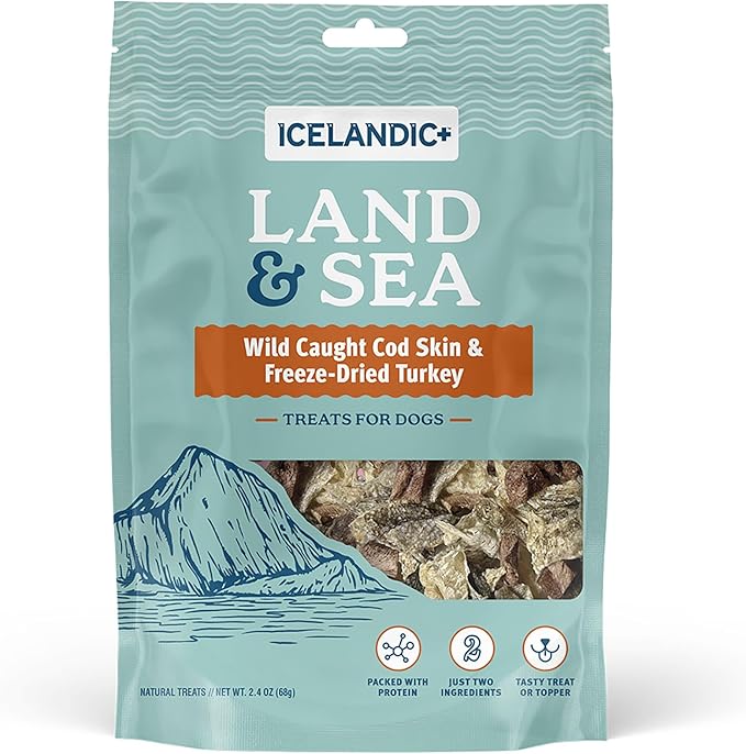 Icelandic+ Land & Sea Wild Caught Cod Skin & Freeze-Dried Turkey - 2.4oz Bag, Dog Treat & Food Topper, 2 Ingredients, No Preservatives, All Natural