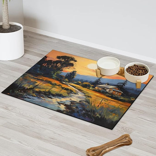 Nature Forest Dog Food Mat for Floors Absorbent, Quick Dry Water Dispenser Mat for Food, Water, Pet Supplies 16" x 24", Rustic Cabin
